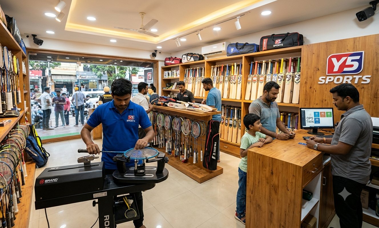 A sports retail store with cricket bats and badminton racquets on display, a racquet being restrung, and a family at the billing counter under ceiling-mounted CCTV cameras