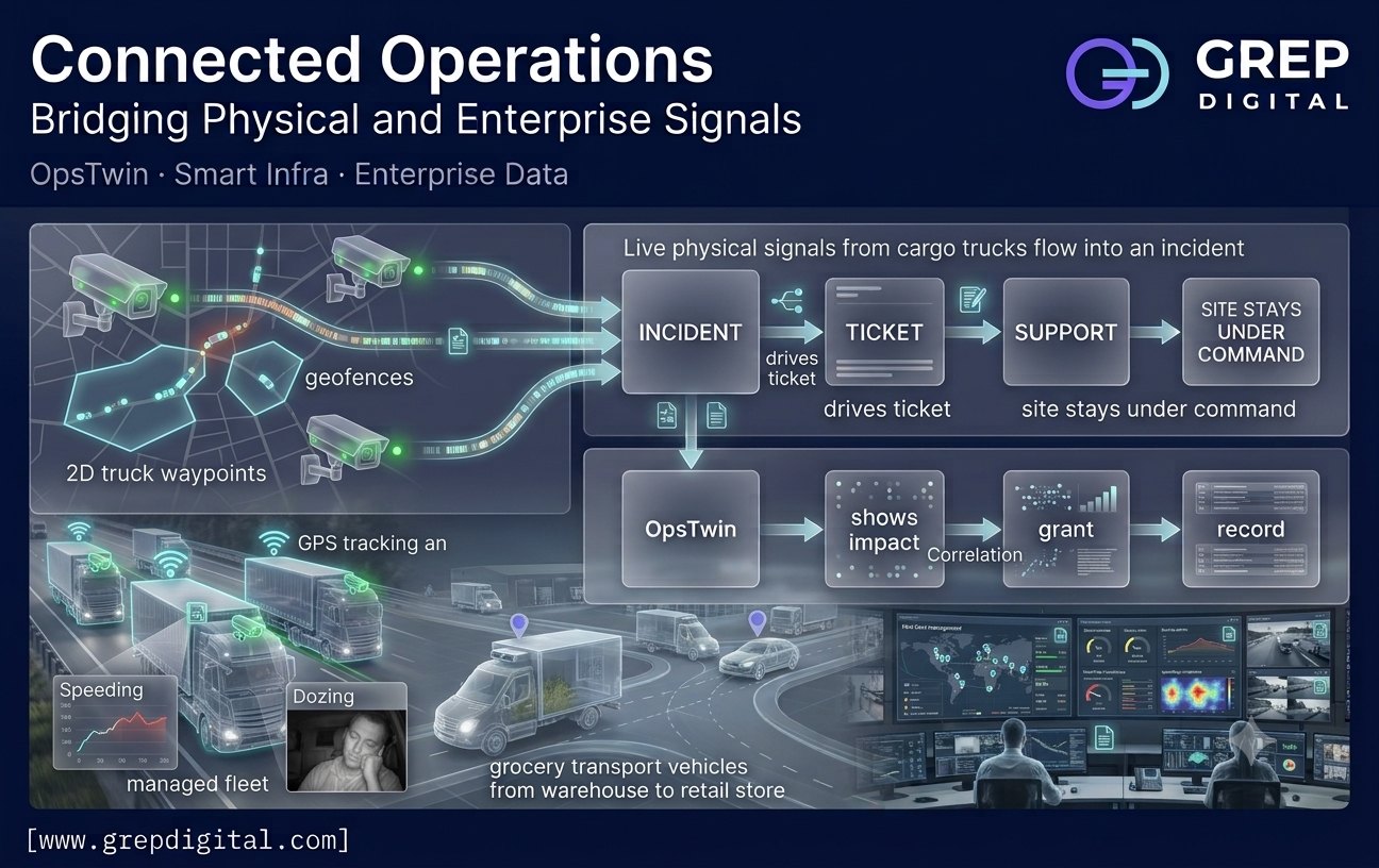 Cargo trucks with GPS, geofences and driver alerts flowing into an incident