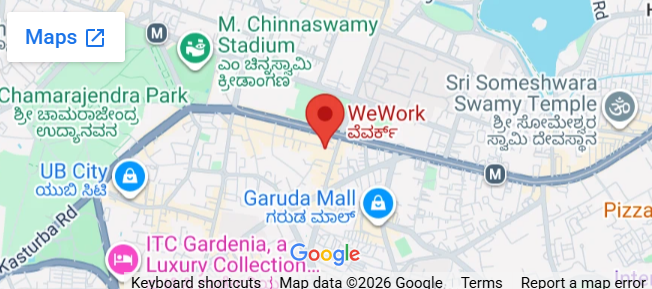 Map of central Bangalore with a pin on WeWork, near MG Road, Chinnaswamy Stadium and Garuda Mall