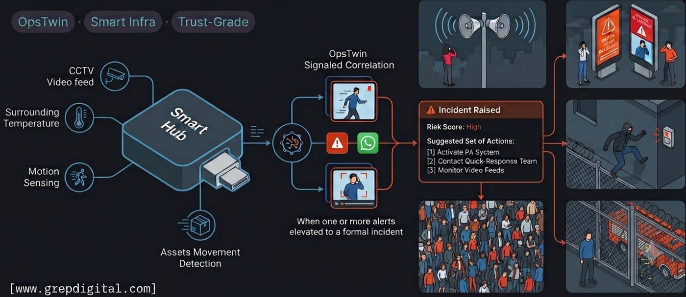 Smart Hub diagram: CCTV, temperature, motion and asset sensing correlated into an incident with suggested actions