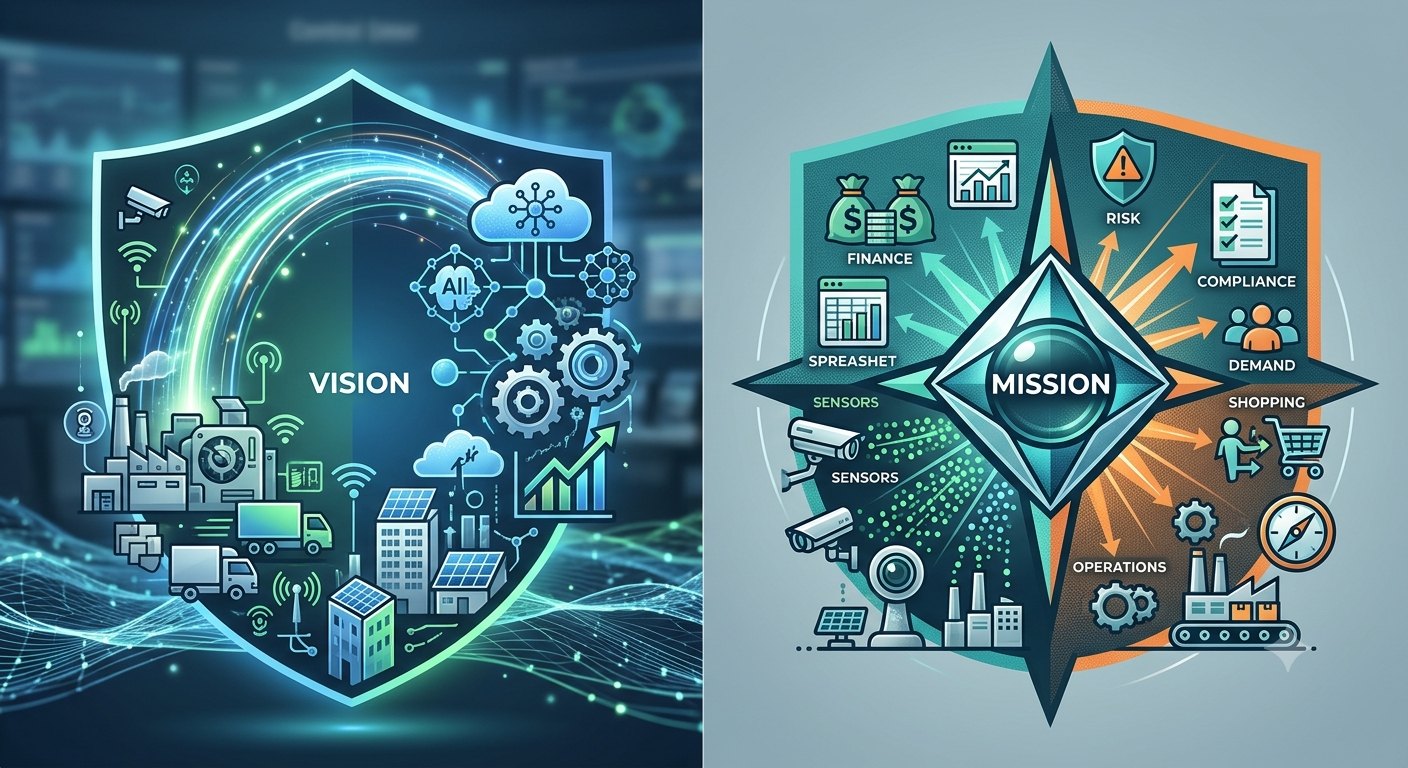 Grep Digital vision and mission: physical sites, sensors and cloud intelligence brought together, steering finance, risk, compliance, demand and operations